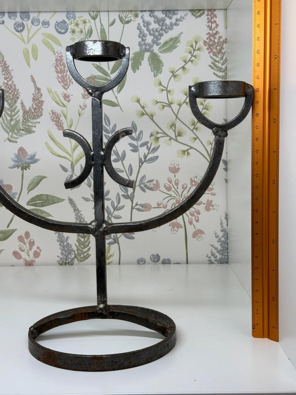 Vintage Swedish 3-Arm Iron Candelabra – 1970s Brutalist Design