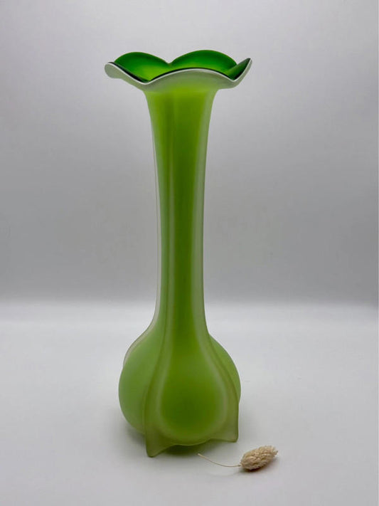 Vintage Hand-Blown Green Satin Glass Vase – Art Nouveau Style