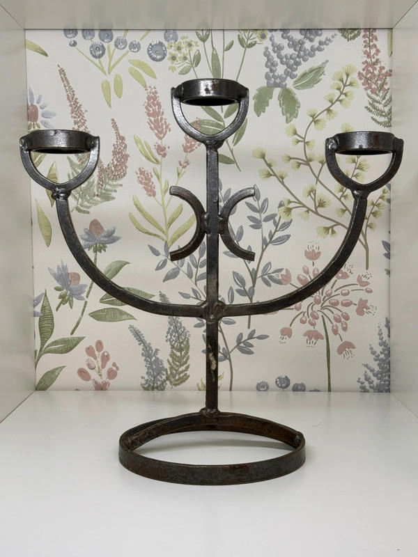 Vintage Swedish 3-Arm Iron Candelabra – 1970s Brutalist Design