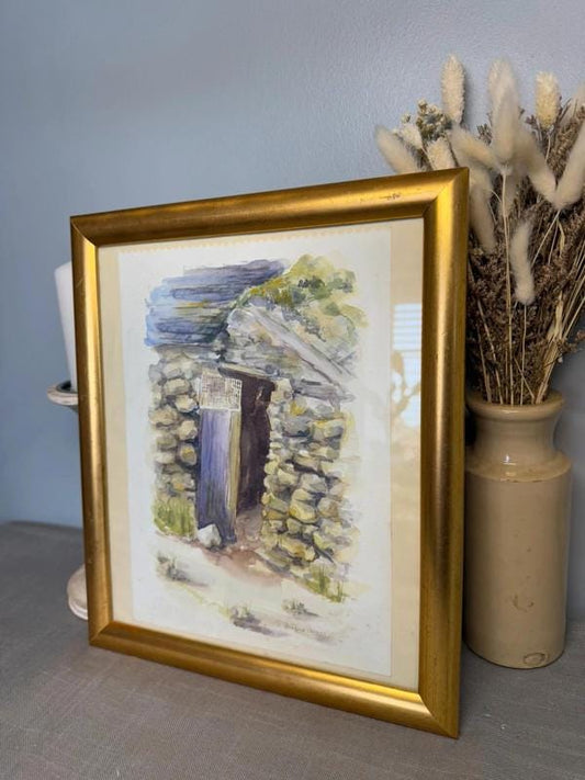 Framed Watercolor Painting by Pauline Owens  Rustic Stone Cottage Art